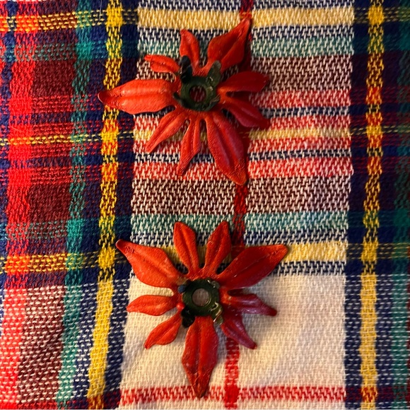 Vintage Poinsettia Christmas Holiday Pair of Metal Candle Holders - Picture 1 of 8